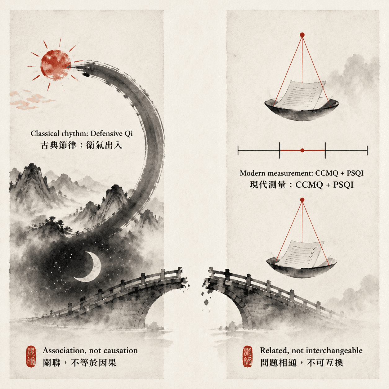 A bilingual ink-wash infographic places classical day-night Defensive Qi rhythm beside modern CCMQ and PSQI measurement, separated by a broken bridge marked as related but not interchangeable.