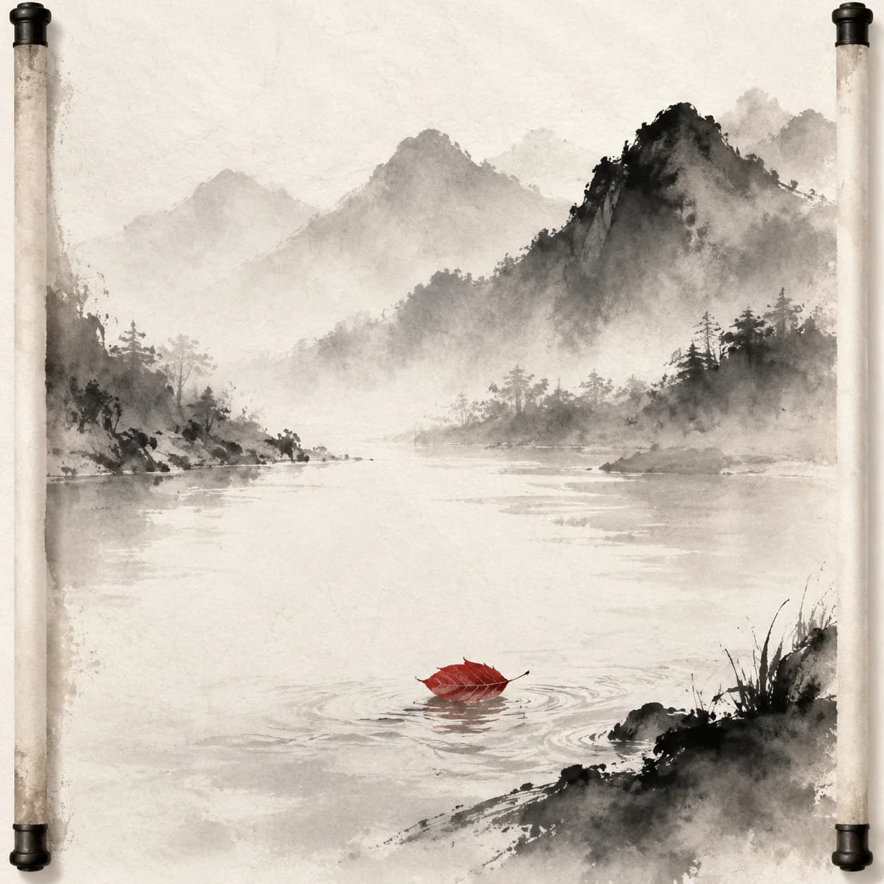 Ink wash painting of a scroll with mountains and a river, one leaf floating on the water, representing a single time-slice snapshot.