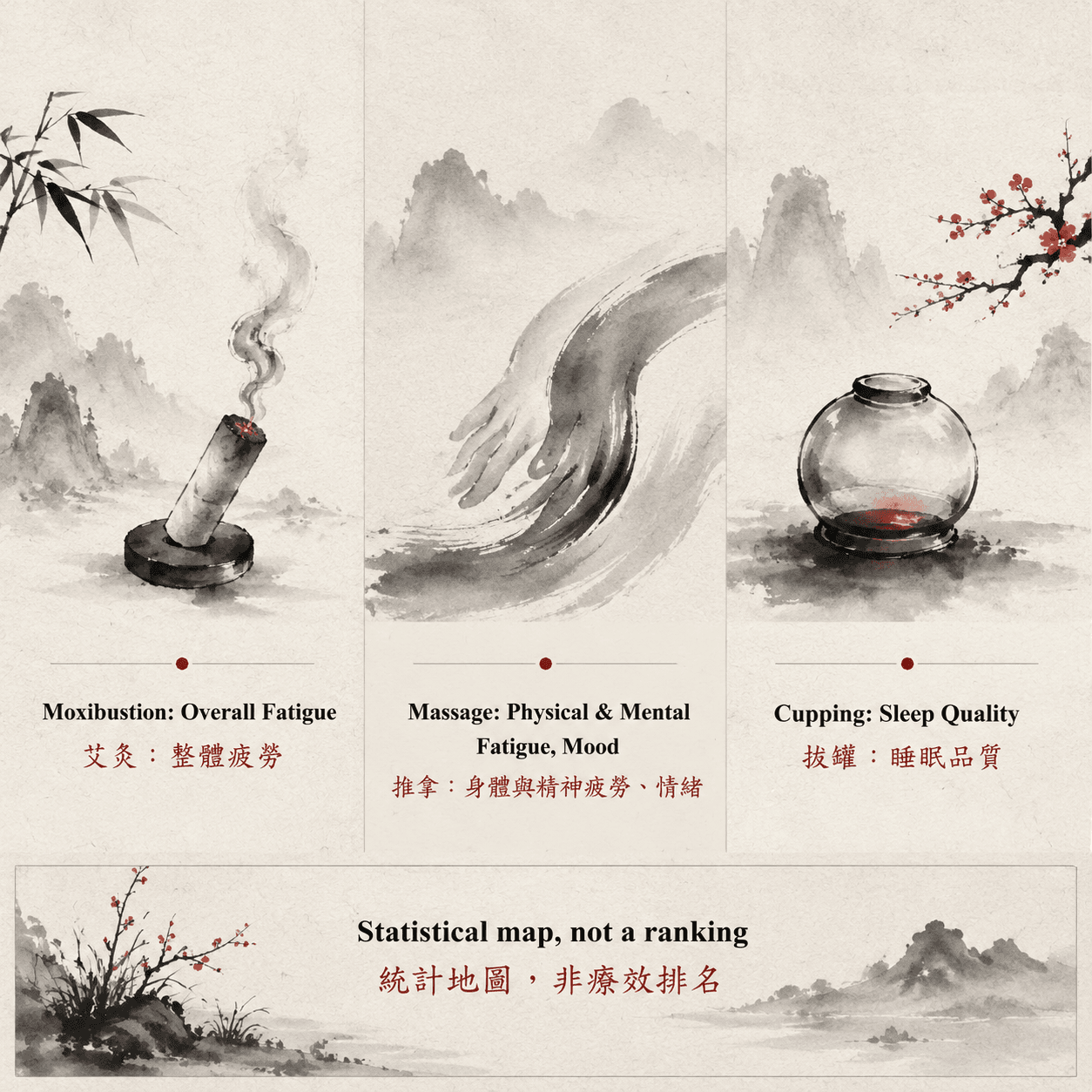 Infographic comparing moxibustion, massage, and cupping with their strongest statistical associations for fatigue and sleep, emphasizing this is a statistical map, not a ranking.