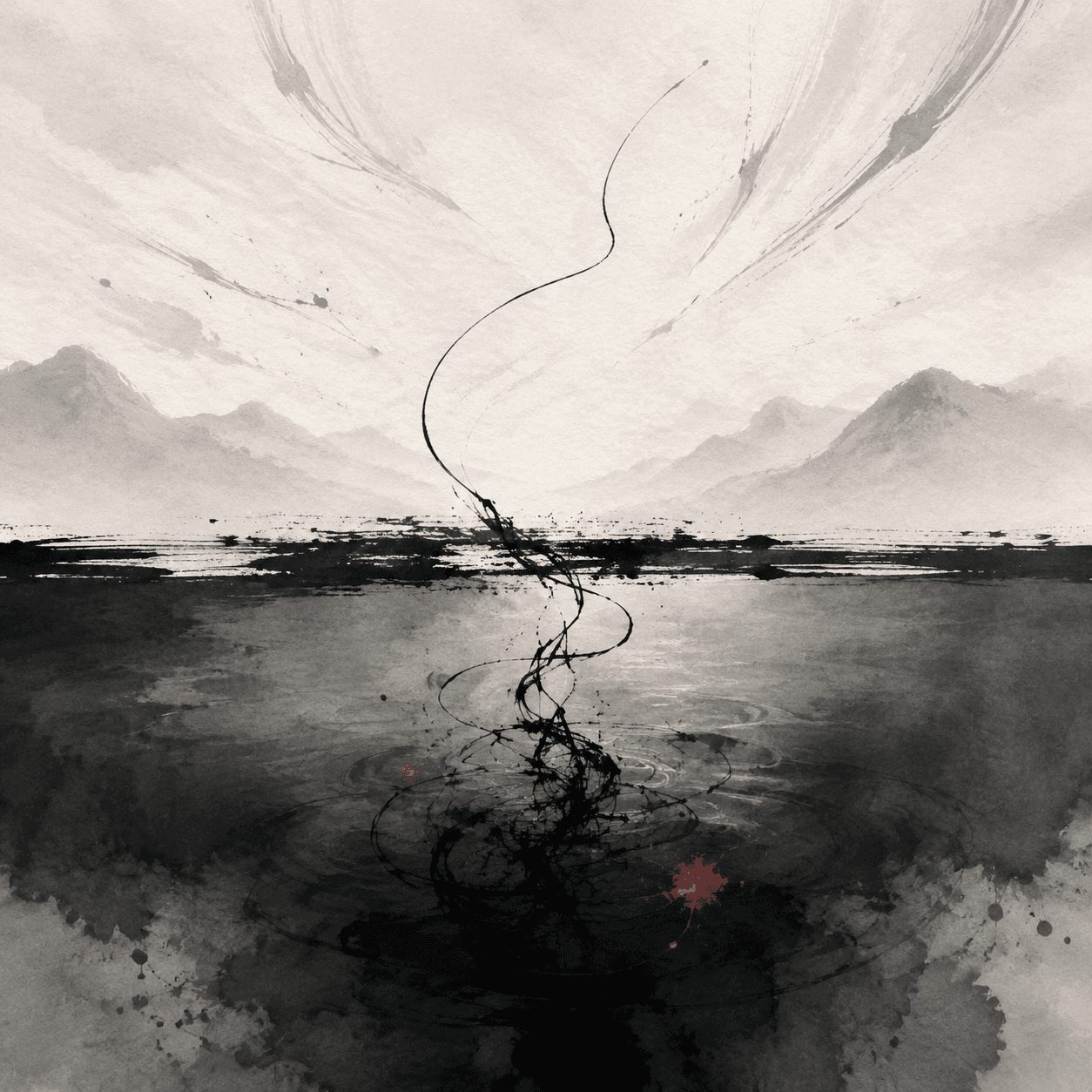 Ink painting of a horizon dividing bright sky above and dark water below, with a single energy line tangled at the boundary, symbolizing blocked transition from day to night.