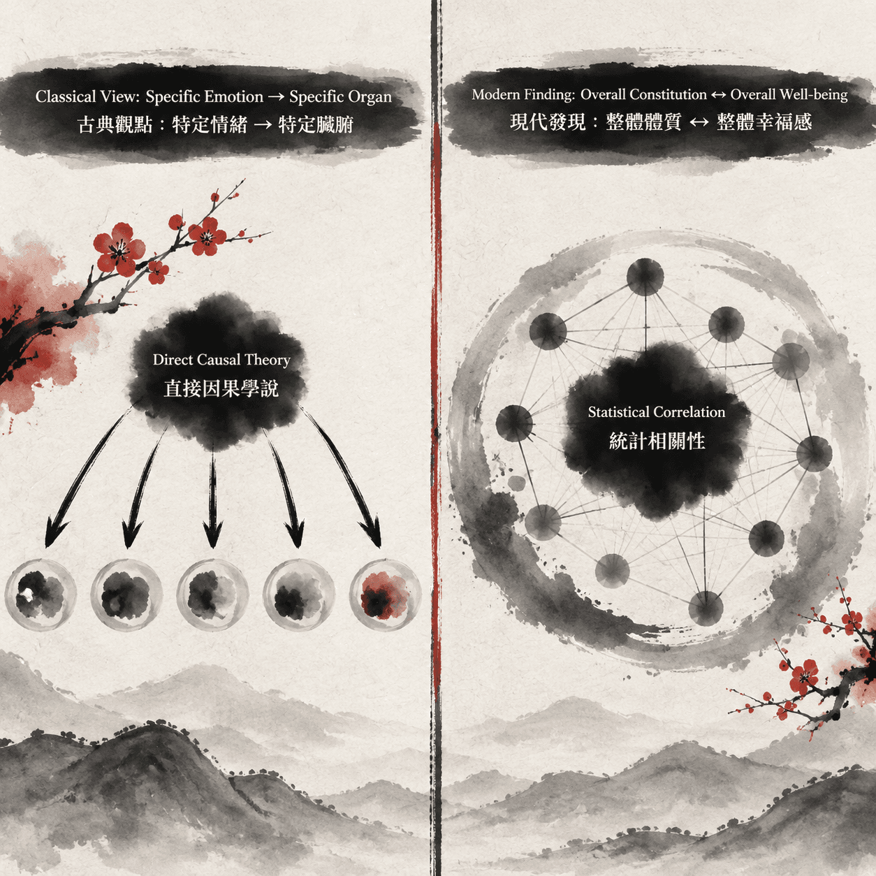 A bilingual infographic comparing the classical TCM model of direct emotional-organ causality with the modern statistical model of holistic constitution-psychological state correlation, highlighting their non-equivalence.