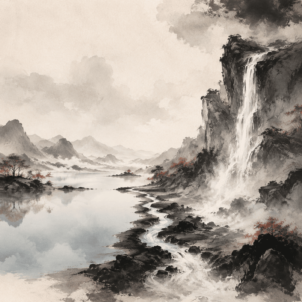 An ink wash painting of a mountain landscape where a calm lake and a turbulent waterfall are connected by a single stream, symbolizing the non-causal, synchronized relationship between balanced and unbalanced body constitutions and psychological states.