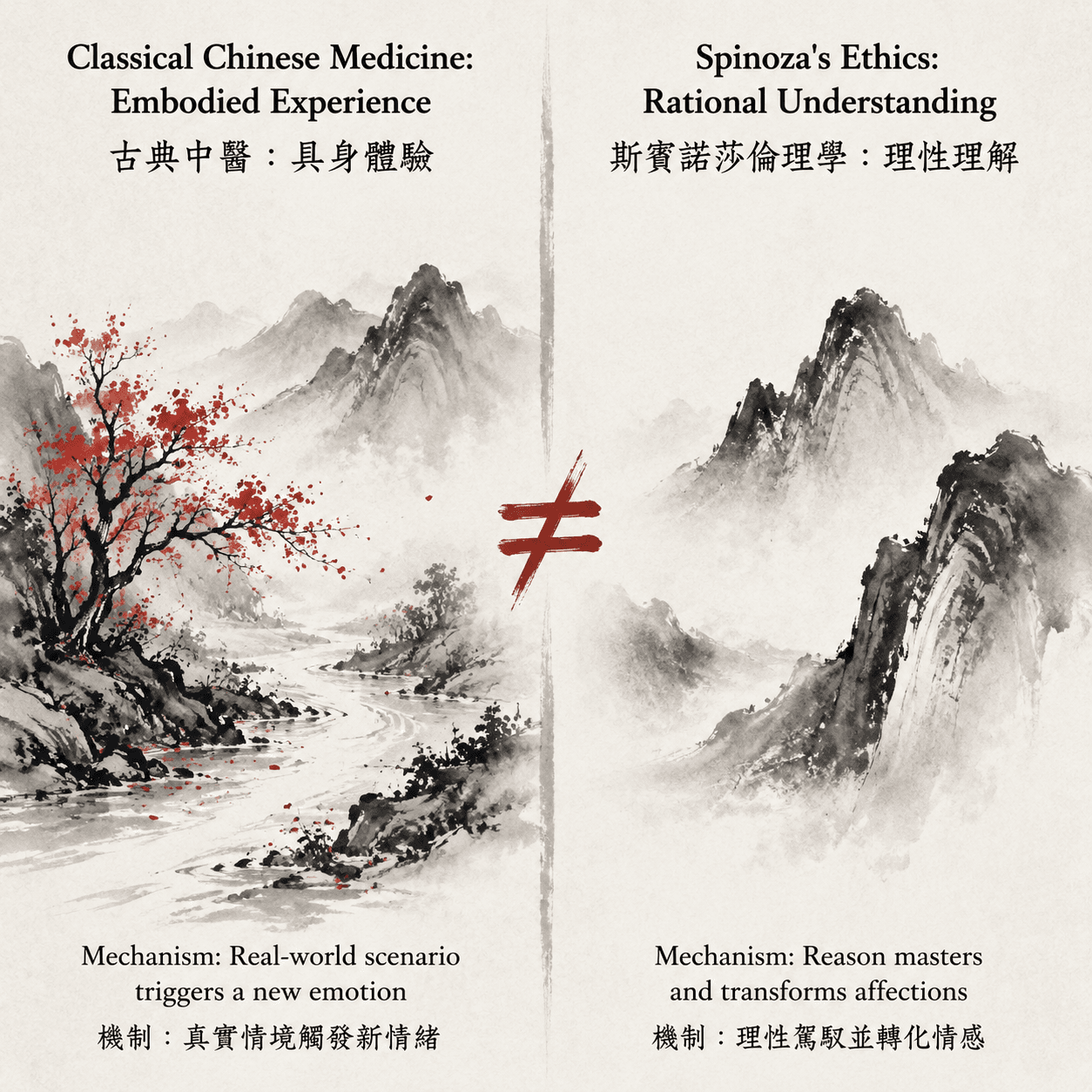 Infographic contrasting two approaches to emotion: Classical Chinese Medicine's embodied experience method and Spinoza's rationalistic method, with a note on their non-equivalence.