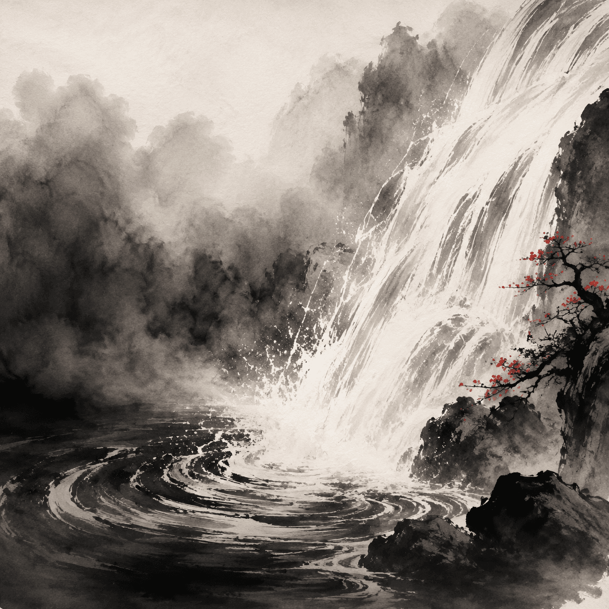 Ink painting of a powerful stream of water flowing into a stagnant, fog-covered pond, creating ripples and dispersing the mist.