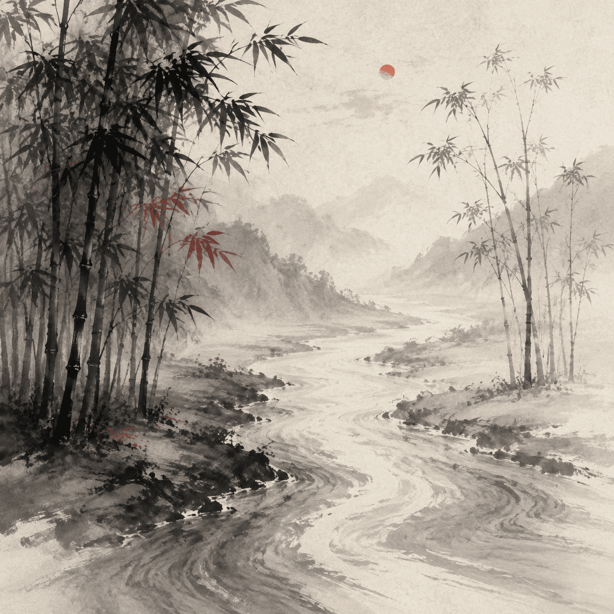 A split landscape of a bamboo grove by a river, with still, heavy air on one side and a sparse, weak breeze on the other, illustrating Qi stagnation and Qi deficiency.