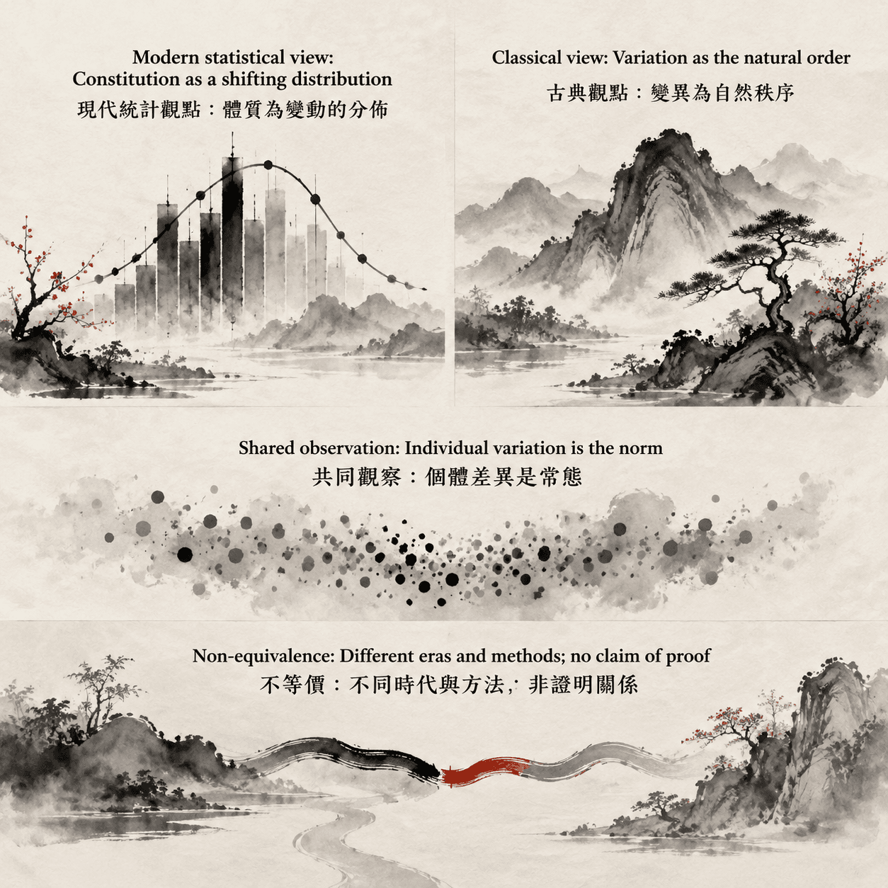 A bilingual infographic contrasting a modern statistical view of body constitution as a shifting distribution with a classical view of variation as the natural order, separated by a non-equivalence boundary.