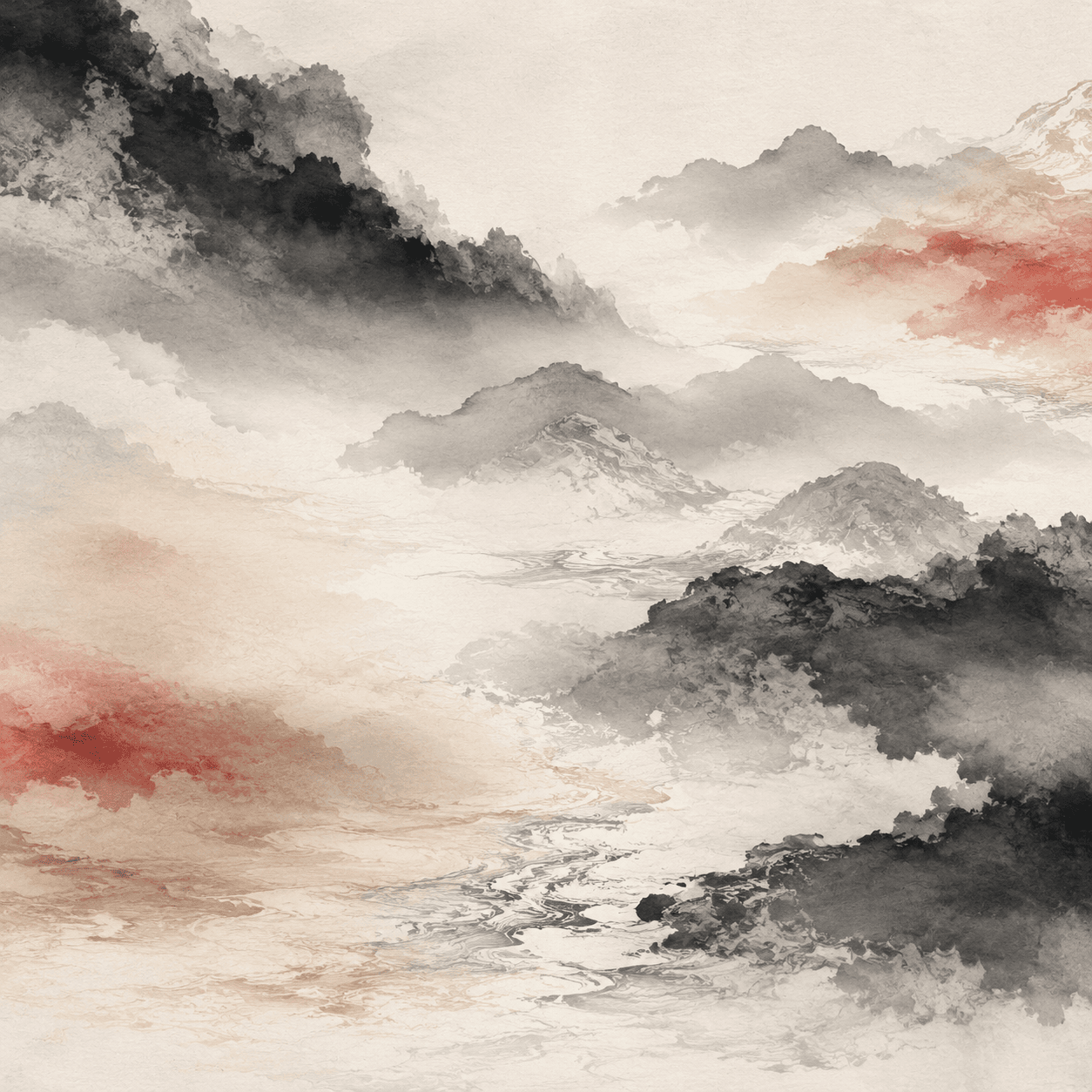 An ink-wash landscape of overlapping mist, water, and distant hills, where several translucent washes flow into one another, symbolizing the composite and shifting nature of body constitution.