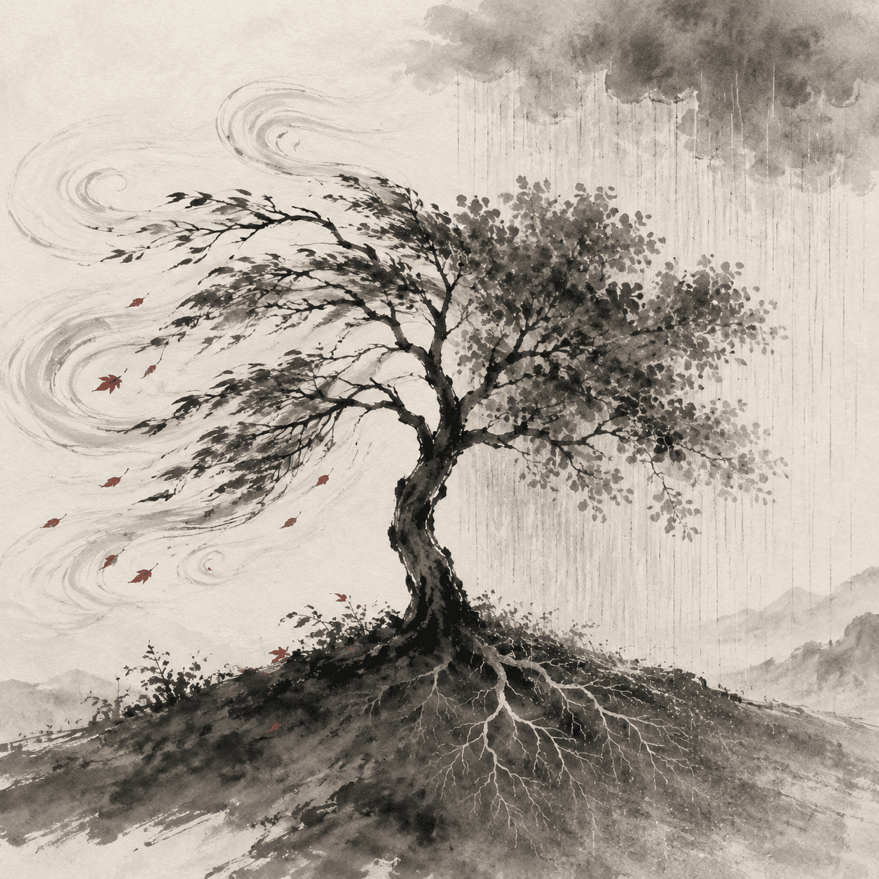 Ink-wash painting of a tree on a hillside, one side shaped by flowing wind, the other side receiving rain that soaks into the soil.