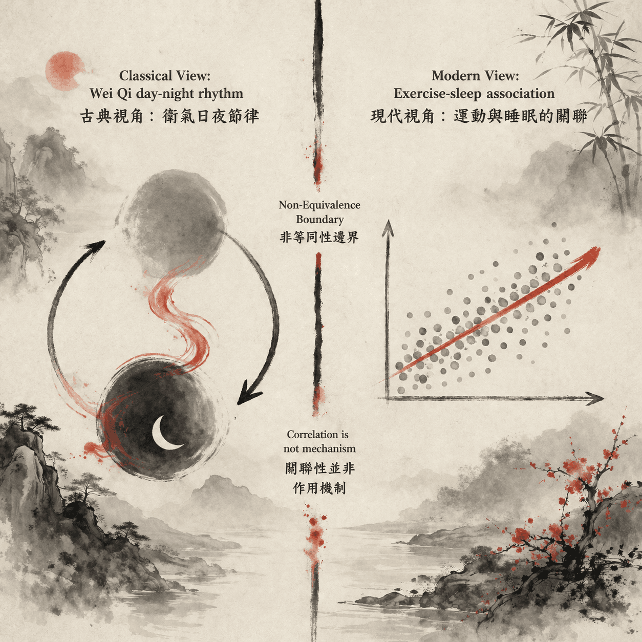 一幅雙語資訊圖表,比較古典的衛氣日夜循環概念與現代八段錦和睡眠品質的統計關聯,中間以非等同性邊界分隔。