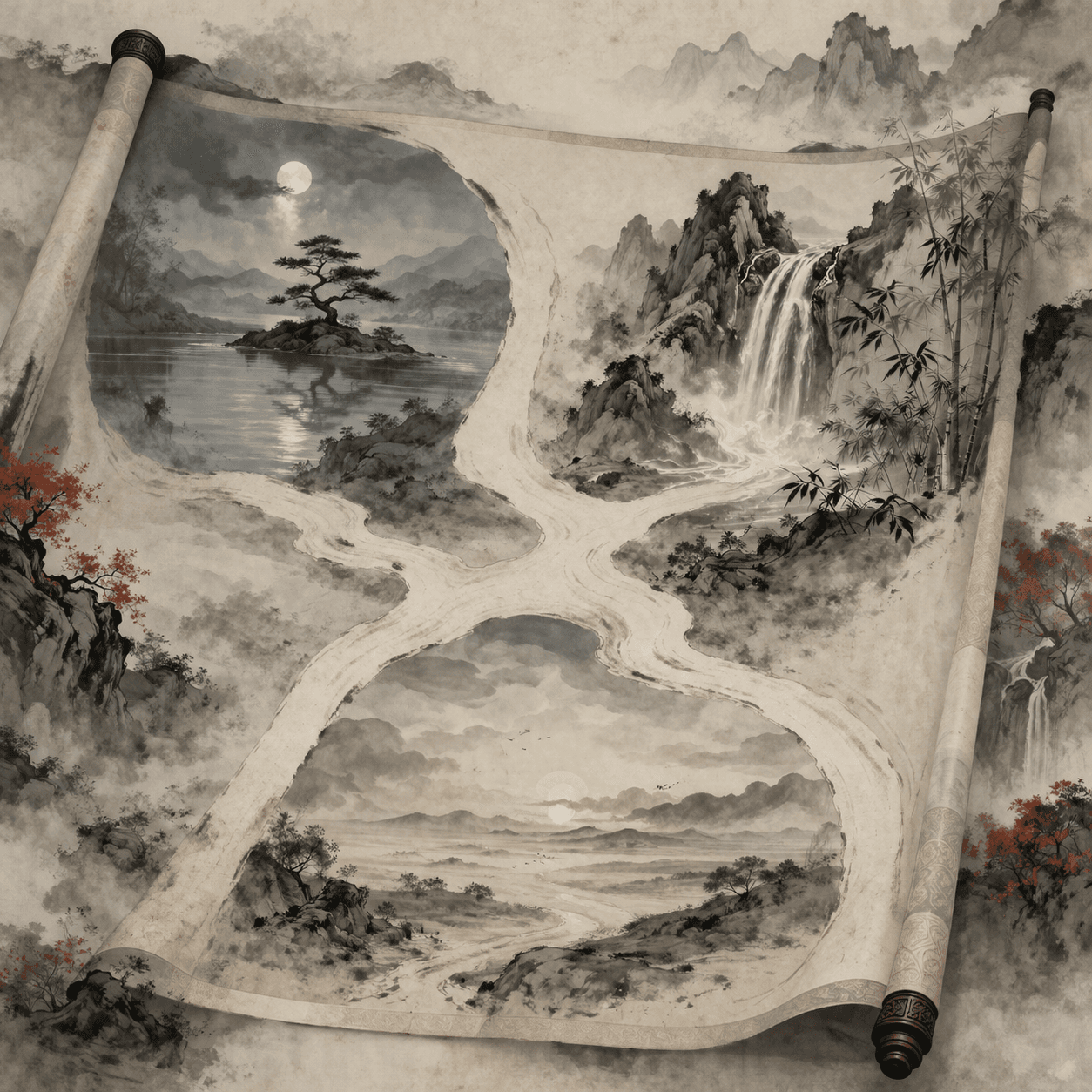 一幅水墨畫,描繪展開的捲軸如同一張地圖,分支的路徑通往不同的風景:平靜的湖泊、瀑布和開闊的平原。