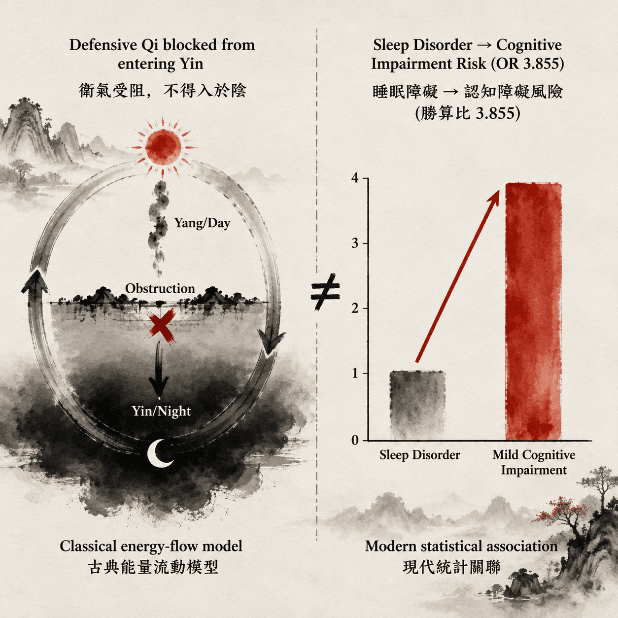 雙語資訊圖表,比較古典衛氣陰陽流動模型與現代睡眠障礙認知風險,中間以非等同邊界分隔。